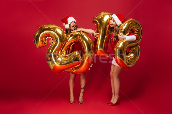 Full length portrait of two smiling attractive girls Stock photo © deandrobot