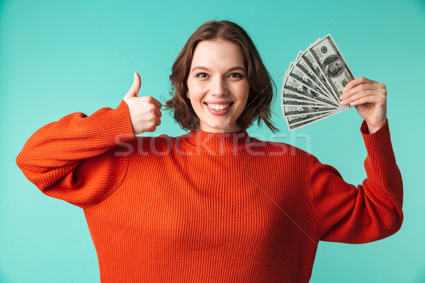 Stockfoto: Portret · gelukkig · jonge · vrouw · trui · geld