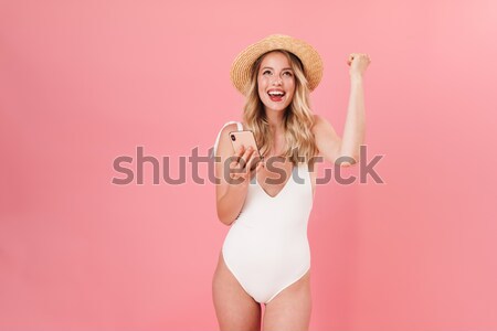 Stockfoto: Portret · glimlachend · jonge · vrouw · zwempak · tonen