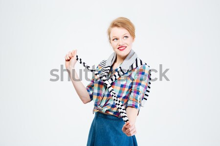 Boldog figyelmes nő áll izolált fehér Stock fotó © deandrobot