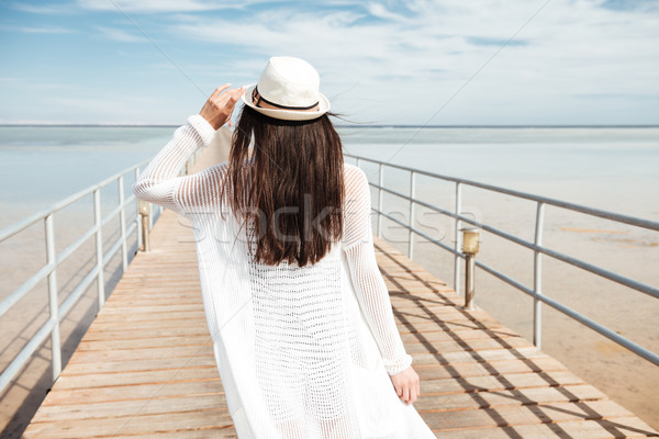 Back view of woman in hat walking on pier Stock photo © deandrobot
