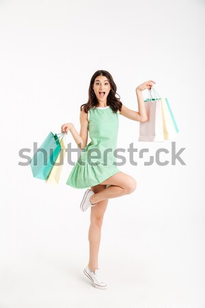 Stock fotó: Teljes · alakos · portré · lány · ruha · tart · bevásárlótáskák