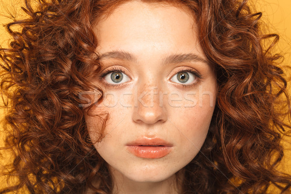 Közelkép portré gyönyörű fürtös vörös hajú nő nő Stock fotó © deandrobot