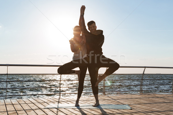 Happy young sports couple practicing yoga together Stock photo © deandrobot