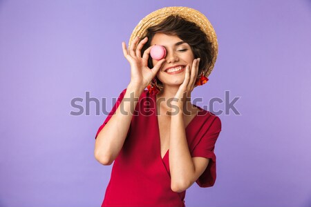 Alegre mulher jovem sorridente posando rosa Foto stock © deandrobot