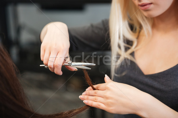 Foto stock: Primer · plano · retrato · peluquero · cliente · jóvenes