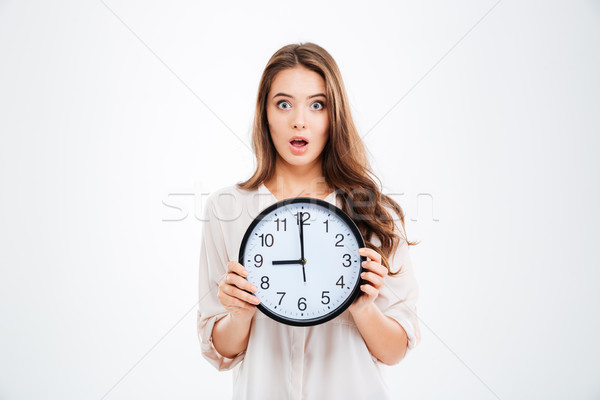 Surprised young woman holding clock Stock photo © deandrobot