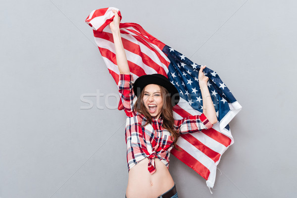 Stock foto: Porträt · glücklich · patriotischen · Mädchen · halten · USA