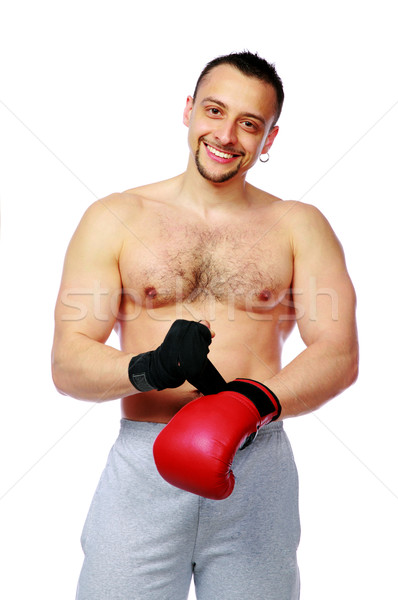Fitt férfi boxkesztyűk képzés fehér sport Stock fotó © deandrobot