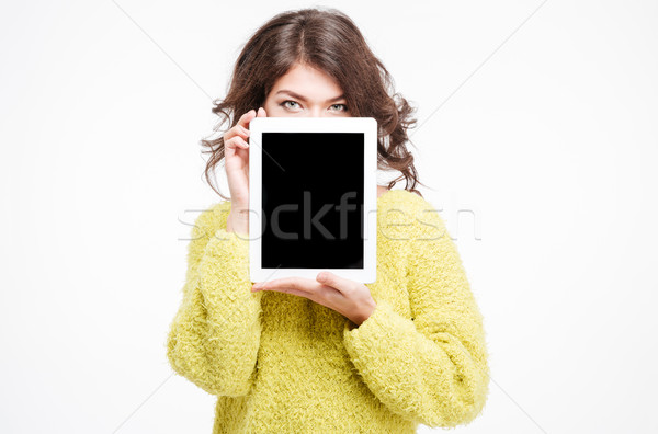 Nő mutat táblagép képernyő fiatal nő izolált Stock fotó © deandrobot