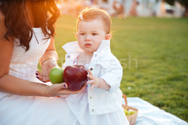 Wenig kid Aufnahme Äpfel mom Freien Stock foto © deandrobot