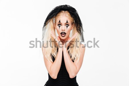 Schockiert blonde Frau schwarz Witwe Kostüm schauen Stock foto © deandrobot