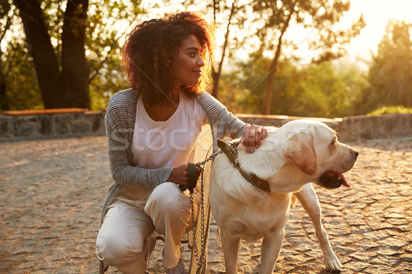 Young smiling lady in casual clothes sitting and hugging dog in park Stock photo © deandrobot