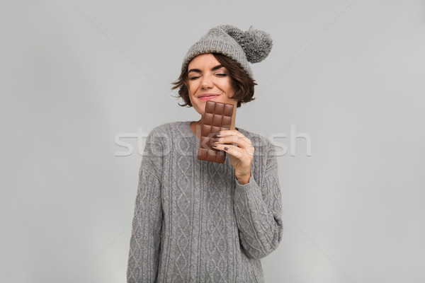 Kobieta sweter ciepły hat czekolady Zdjęcia stock © deandrobot