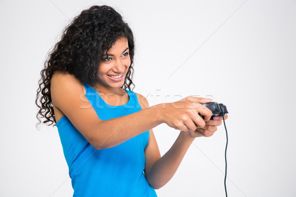 [[stock_photo]]: Afro · femme · jouer · jeu · vidéo · joystick