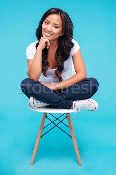 Foto stock: Belo · feliz · asiático · mulher · sessão · cadeira