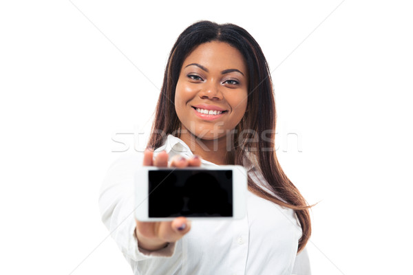 [[stock_photo]]: Africaine · femme · d'affaires · smartphone · écran · souriant
