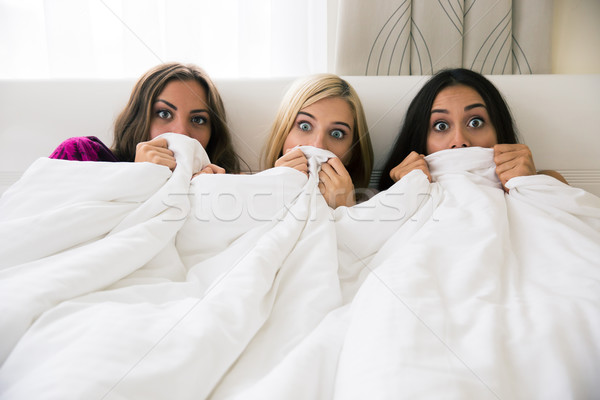 Scared girlfriends covering their face with blanket Stock photo © deandrobot