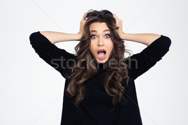 Portré megrémült nő nyitott szájjal áll izolált Stock fotó © deandrobot