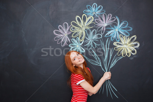 [[stock_photo]]: Femme · posant · tableau · noir