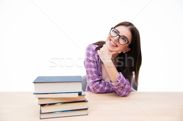Boldog figyelmes nő ül asztal könyvek Stock fotó © deandrobot