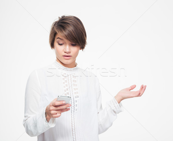 женщины копия пространства Palm мобильного телефона Сток-фото © deandrobot