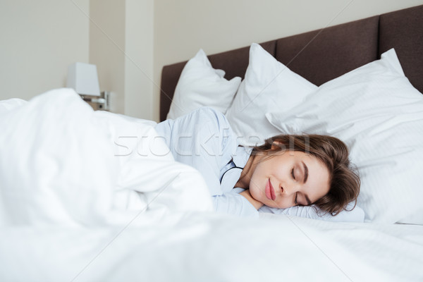 Foto stock: Alegre · jóvenes · dama · dormir · cama · foto