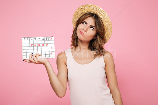 Portrait of a doubtful pensive girl in summer hat Stock photo © deandrobot