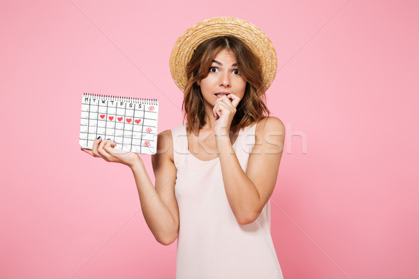 Portrait of embarrassed ?ute girl in summer hat Stock photo © deandrobot