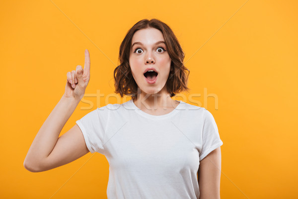 Excited emotional young woman showing copyspace. Stock photo © deandrobot