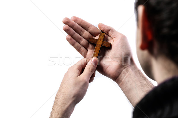 Stockfoto: Mannelijke · handen · houten · kruis · witte