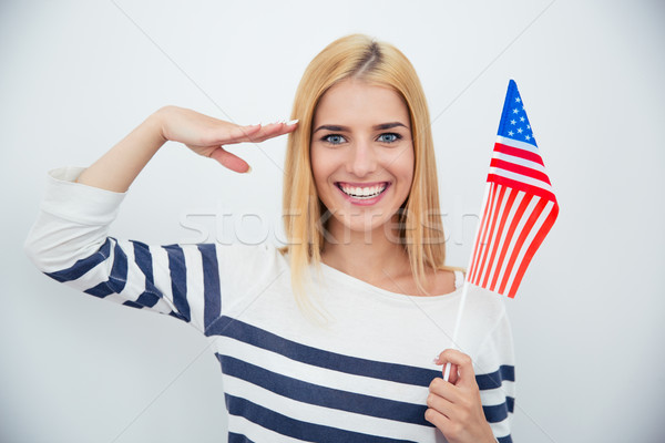 Patriotischen Frau halten USA Flagge glücklich Stock foto © deandrobot