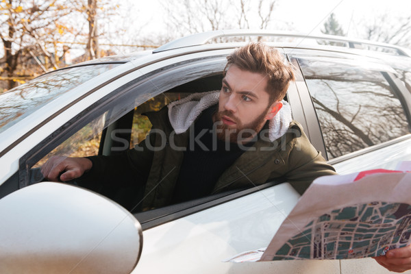 Losted in forest bearded shocked driver Stock photo © deandrobot