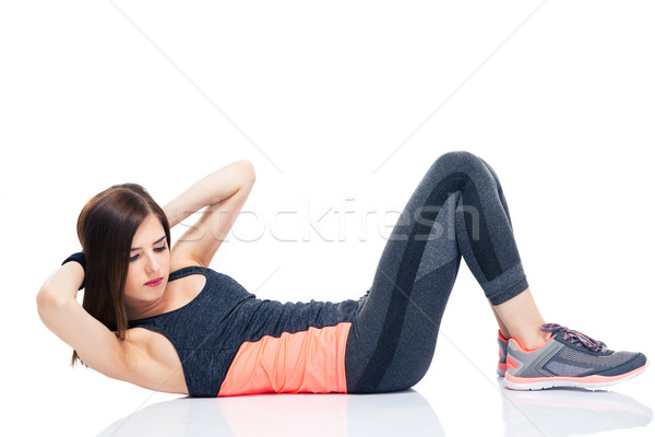 Foto stock: Mulher · jovem · abdominal · isolado · branco · esportes