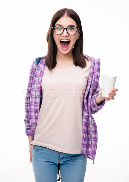 Maravilhado mulher jovem copo branco olhando Foto stock © deandrobot