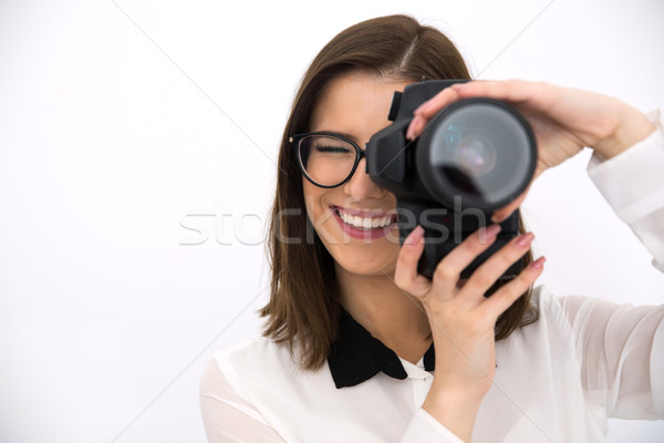 Szczęśliwy kobiet fotograf kamery szary technologii Zdjęcia stock © deandrobot