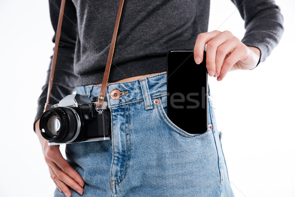 Stockfoto: Portret · vrouw · denim · jeans · retro · camera