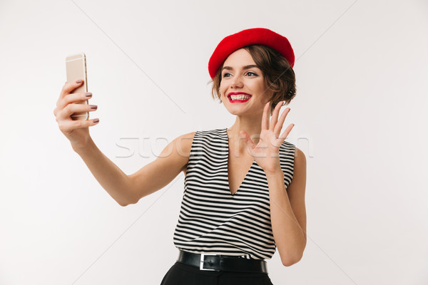 Portré boldog nő visel piros svájcisapka Stock fotó © deandrobot