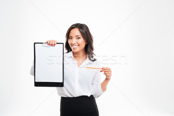Lächelnd jungen asian Geschäftsfrau Hinweis Bleistift Stock foto © deandrobot