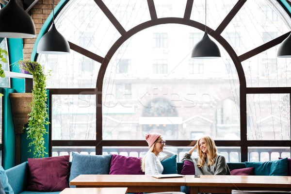 Two happy women sitting and talking in cafe Stock photo © deandrobot