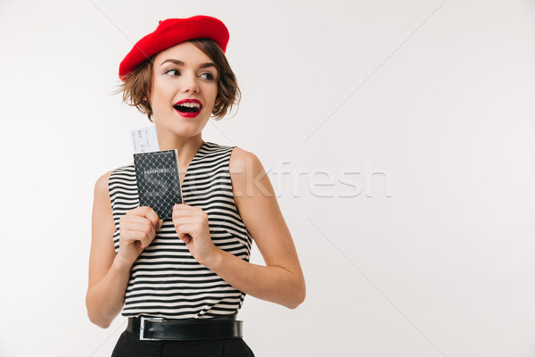 Porträt heiter Frau tragen rot Baskenmütze Stock foto © deandrobot