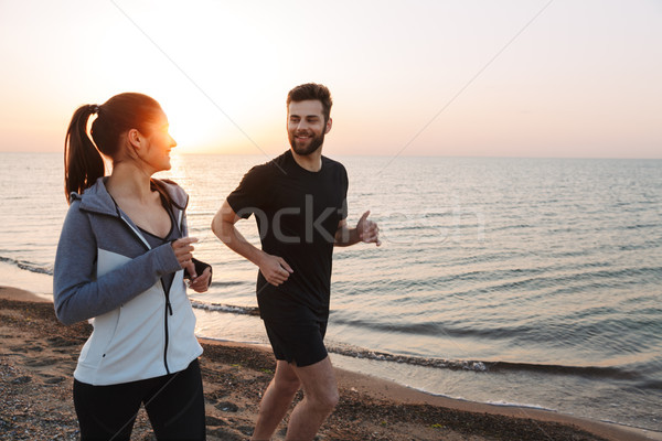 Stockfoto: Gelukkig · jogging · samen · strand · water