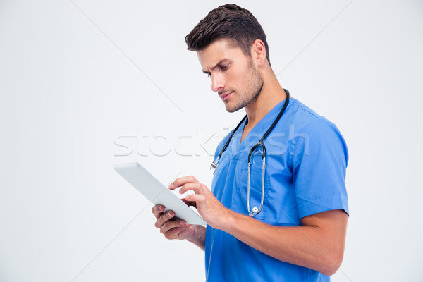 Foto stock: Médico · do · sexo · masculino · retrato · bonito · isolado · branco