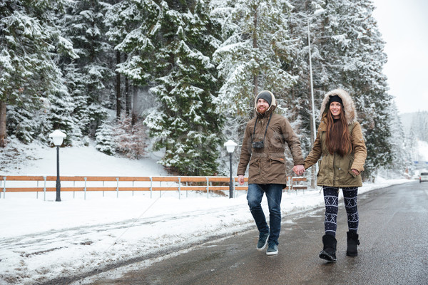 Couple holding hands and walking on the road in winter Stock photo © deandrobot