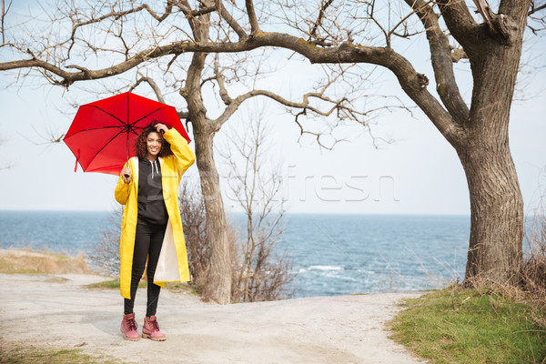 Cheerful african curly young lady holding umbrella walking outdoors. Stock photo © deandrobot