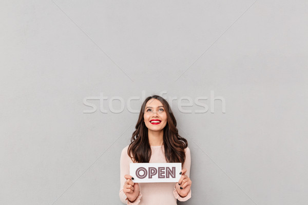 Image of happy female 30s with long brown hair holding sign expr Stock photo © deandrobot