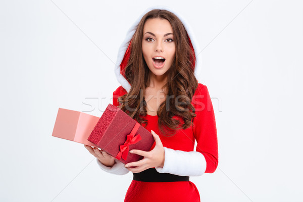 Wondered girl in red santa claus costume opened her present Stock photo © deandrobot