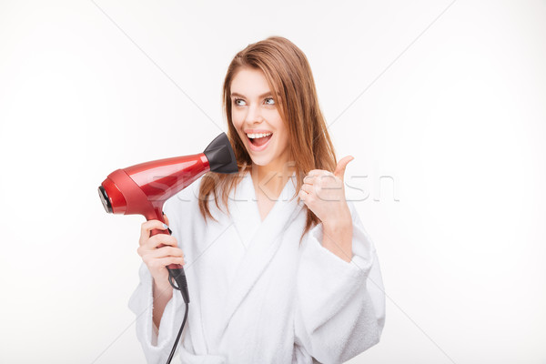 Foto stock: Feliz · encantador · mulher · jovem · secador · de · cabelo