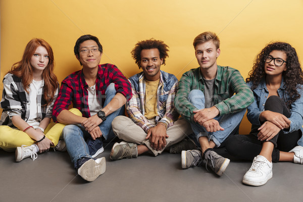 Multiethnic group of smiling young friends sitting Stock photo © deandrobot