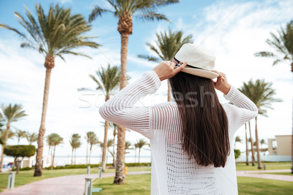 Vedere din spate femeie pălărie mers vară recurge Imagine de stoc © deandrobot